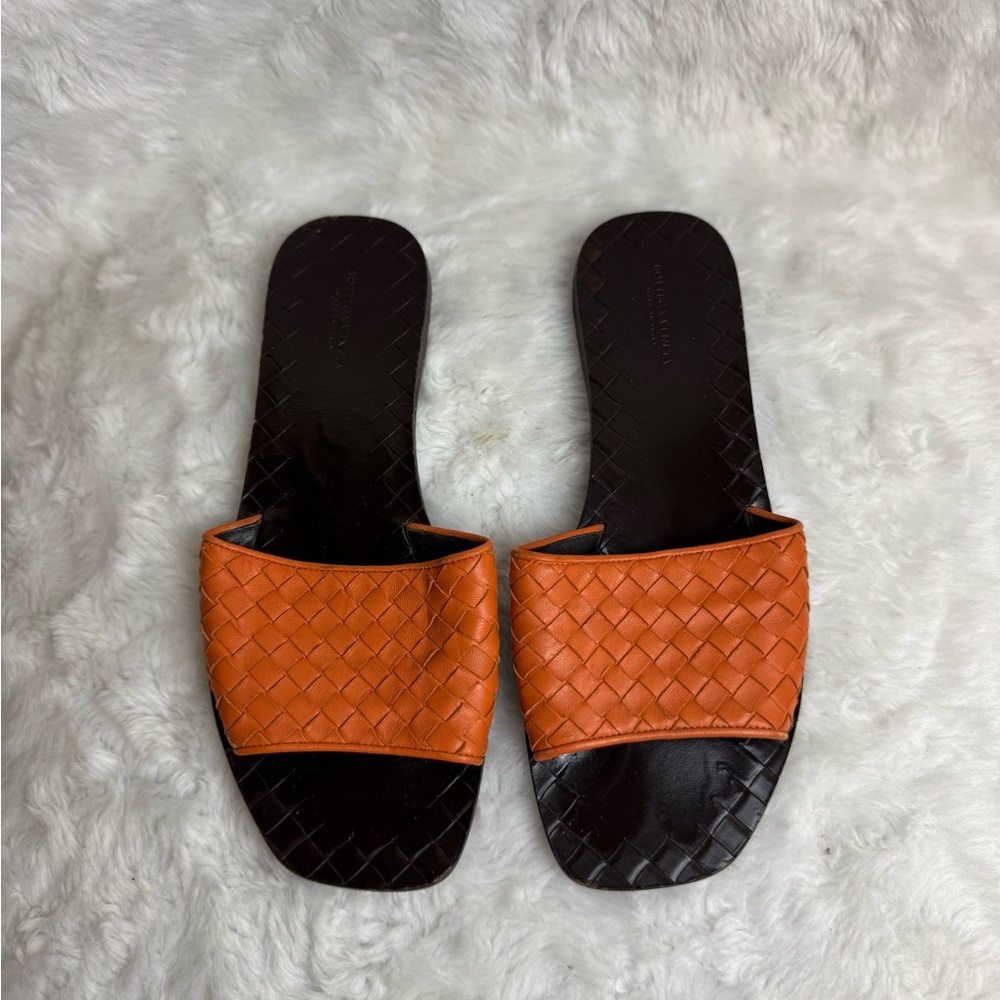 Bottega Veneta Orange and Black Woven Slide Sandals